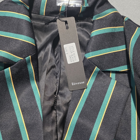 Reveuse NWT Elegant Black and Green Striped Women's Blazer S/M/L/XL - Picture 4 of 13